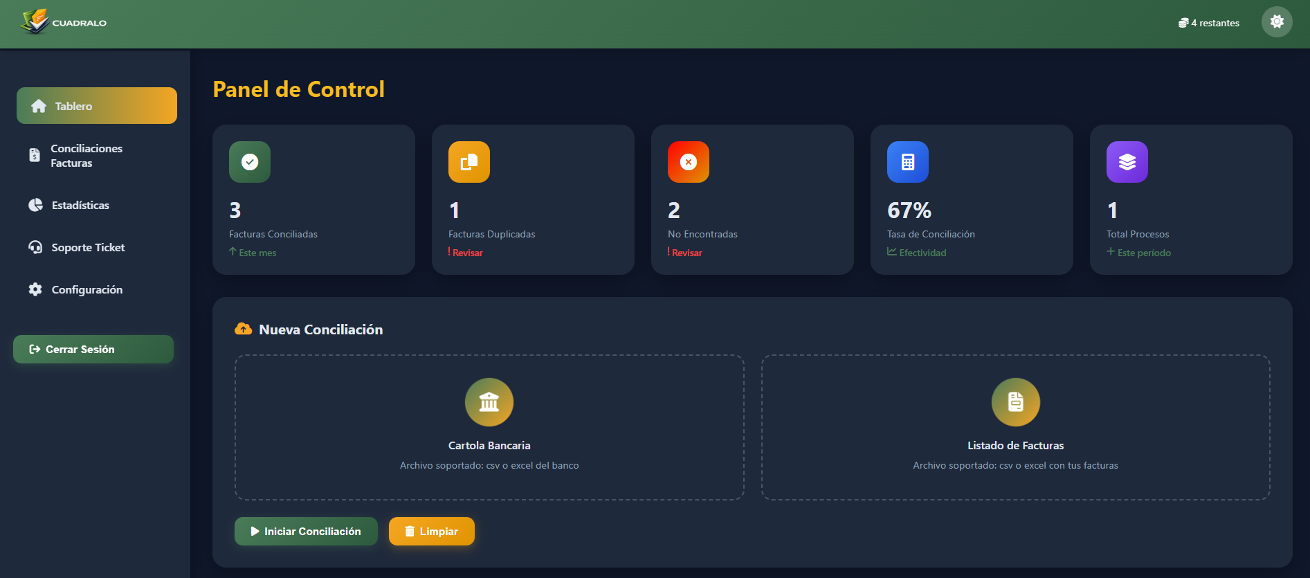 Dashboard de CUADRALO mostrando conciliación bancaria